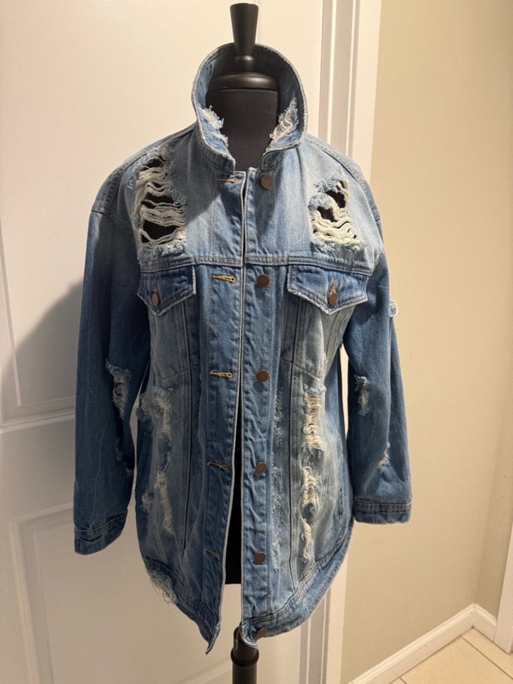 Fashion Nova Distressed Light Blue Denim Jacket for Women